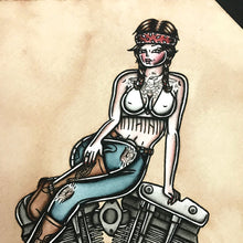Load image into Gallery viewer, American Traditional tattoo flash sexy Harley-Davidson Ironhead engine pinup spitshade painting.
