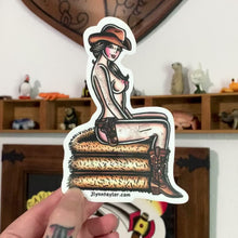 Load and play video in Gallery viewer, American traditional tattoo flash country Haystack cowgirl pinup watercolor sticker.
