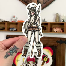 Load and play video in Gallery viewer, American traditional tattoo flash Viking Pinup watercolor sticker.
