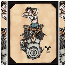 Load image into Gallery viewer, American Traditional tattoo flash sexy Harley Davidson 1909 V-Twin engine pinup spitshade painting.
