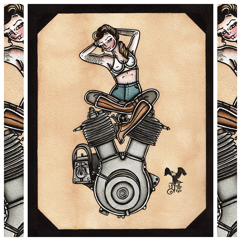 American Traditional tattoo flash sexy Harley Davidson 1909 V-Twin engine pinup spitshade painting.
