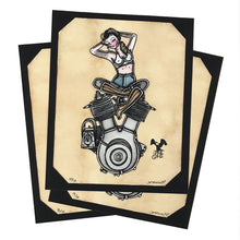 Load image into Gallery viewer, Art print of tattoo flash style Harley-Davidson 1909 V-Twin engine pinup.
