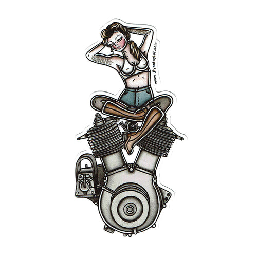 American Traditional tattoo flash illustration Harley Motorcycle 1909 V-Twin Engine Pinup watercolor sticker.