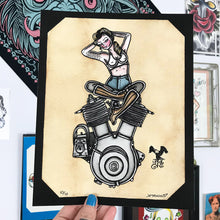 Load image into Gallery viewer, Art print of tattoo flash style Harley-Davidson 1909 V-Twin engine pinup.
