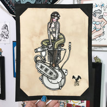 Load image into Gallery viewer, American traditional tattoo flash single cylinder motorcycle engine pinup print.
