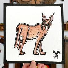 Load image into Gallery viewer, American traditional tattoo flash wildlife illustration Caracal cat ink and watercolor painting.
