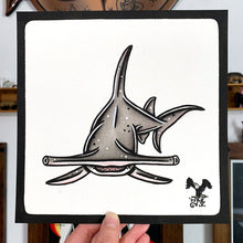 Load image into Gallery viewer, American traditional tattoo flash wildlife illustration Great Hammerhead Shark ink and watercolor painting. 
