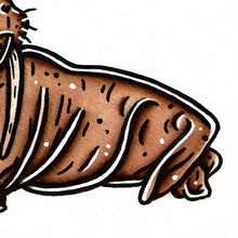 Load image into Gallery viewer, American traditional tattoo flash wildlife illustration Pacific Walrus ink and watercolor painting.

