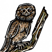 Load image into Gallery viewer, American traditional tattoo flash Wildlife illustration Tawny Frogmouth watercolor painting.
