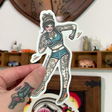Load and play video in Gallery viewer, American Traditional tattoo flash Women Bare-knuckle Boxer Pinup watercolor sticker.
