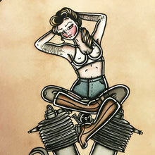 Load image into Gallery viewer, American Traditional tattoo flash sexy Harley Davidson 1909 V-Twin engine pinup spitshade painting.
