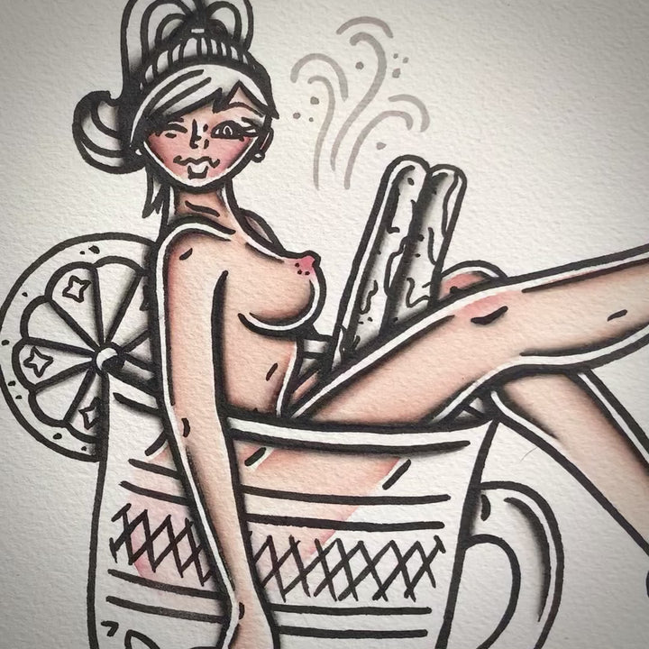 American traditional tattoo flash Hot Toddy Pinup watercolor painting.
