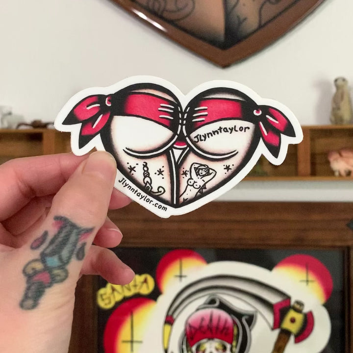 American Traditional tattoo flash Pink Scrunch Butt Booty Heart watercolor sticker.
