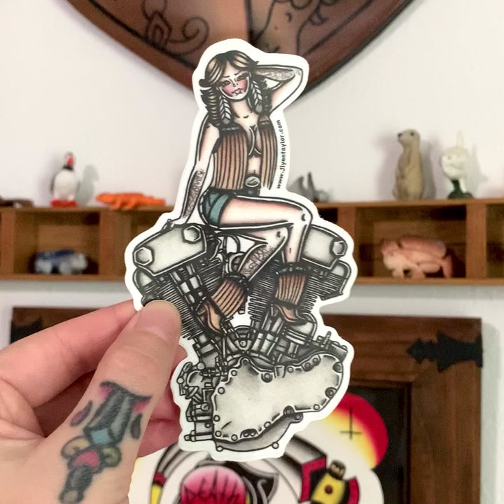 American Traditional tattoo flash illustration Knucklehead Engine Pinup watercolor sticker.