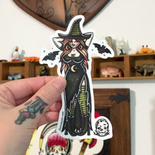 Load and play video in Gallery viewer, American traditional tattoo flash illustration Witch and Skull Pinup  sticker.
