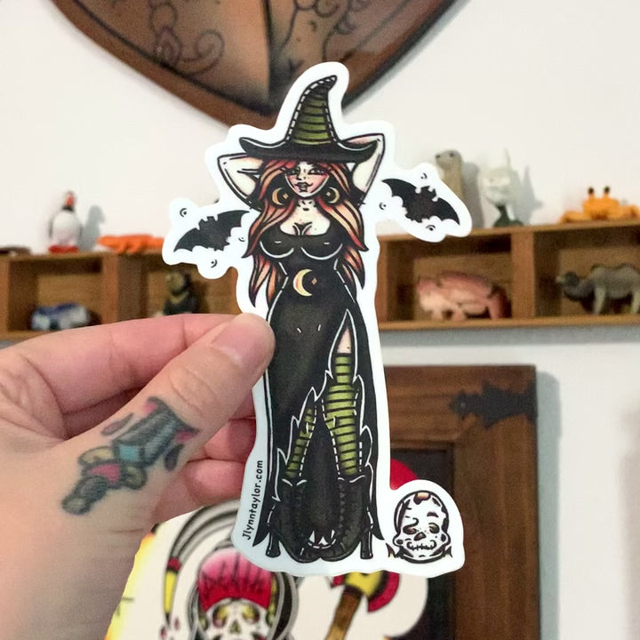 American traditional tattoo flash illustration Witch and Skull Pinup  sticker.