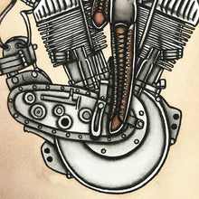 Load image into Gallery viewer, American Traditional tattoo flash sexy Harley-Davidson F-Head engine pinup spitshade painting.
