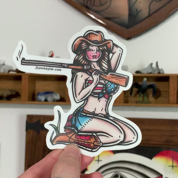 American traditional tattoo flash Sharpshooter Rifle Pinup watercolor sticker.