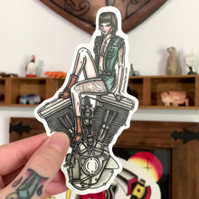 Load and play video in Gallery viewer, American Traditional tattoo flash illustration Harley Motorcycle Evolution Engine Pinup watercolor sticker.
