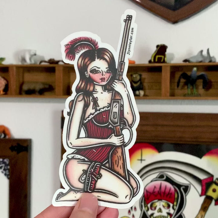 American traditional tattoo flash Rifle Saloon Girl Pinup watercolor sticker.