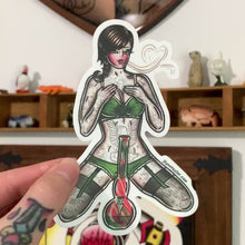 Load and play video in Gallery viewer, American traditional tattoo flash illustration Maryjane cannabis pinup watercolor sticker.
