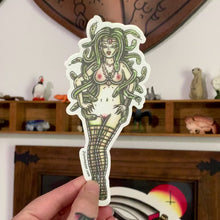 Load and play video in Gallery viewer, American traditional tattoo flash Medusa Pinup watercolor sticker.
