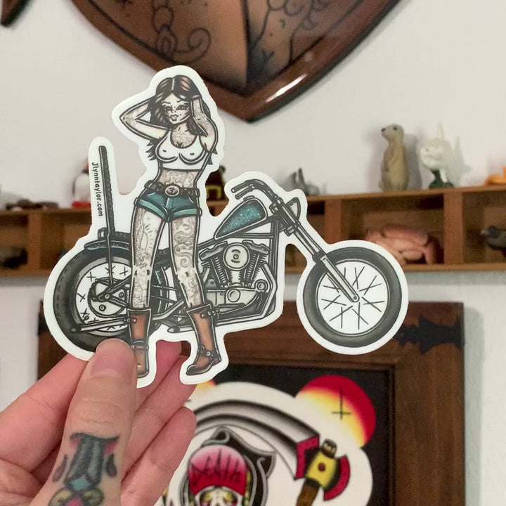 American traditional tattoo flash Ironhead Chopper Pinup watercolor sticker.