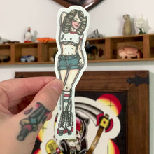 Load and play video in Gallery viewer, American traditional tattoo flash Rollerskating Roller Girl Pinup watercolor sticker.
