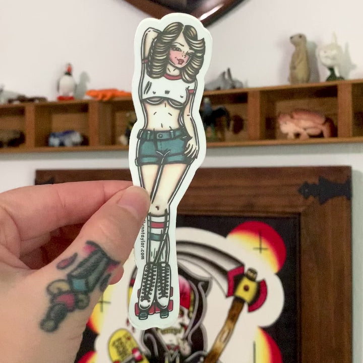 American traditional tattoo flash Rollerskating Roller Girl Pinup watercolor sticker.