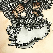 Load image into Gallery viewer, American Traditional tattoo flash sexy Harley-Davidson Knucklehead engine pinup spitshade painting.

