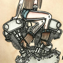Load image into Gallery viewer, American Traditional tattoo flash sexy Harley-Davidson Knucklehead engine pinup spitshade painting.
