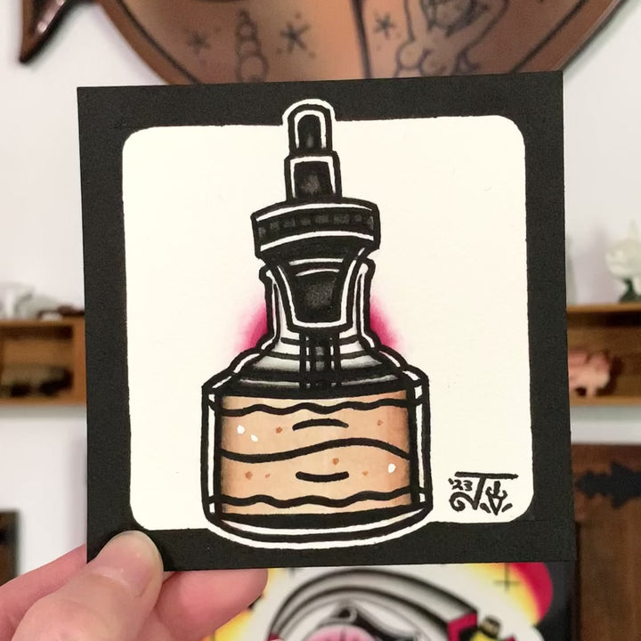 American Traditional tattoo flash Vintage Ink Bottle watercolor painting.