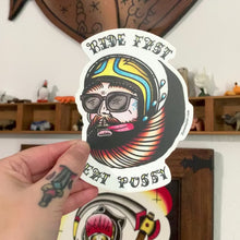 Load and play video in Gallery viewer, American traditional tattoo flash Ride Fast Biker Head watercolor sticker.
