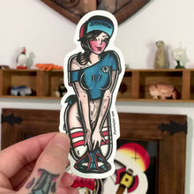 Load and play video in Gallery viewer, American traditional tattoo flash Panty Dropper Skateboard Pinup watercolor sticker.
