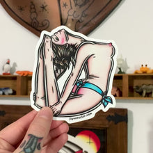 Load and play video in Gallery viewer, American traditional nude bent back yoga Pinup watercolor sticker.
