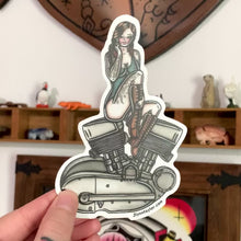 Load and play video in Gallery viewer, American Traditional tattoo flash illustration Harley Motorcycle K-Model Engine Pinup watercolor sticker.
