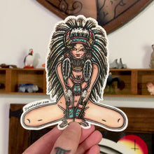 Load and play video in Gallery viewer, American traditional tattoo flash Victory Headdress Native American Pinup watercolor sticker.
