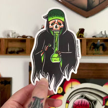 Load and play video in Gallery viewer, American Traditional tattoo flash 420 bong Grim Reaper watercolor sticker.
