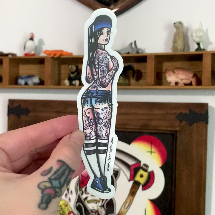 American Traditional tattoo flash West Coast Skateboard Pinup watercolor sticker.