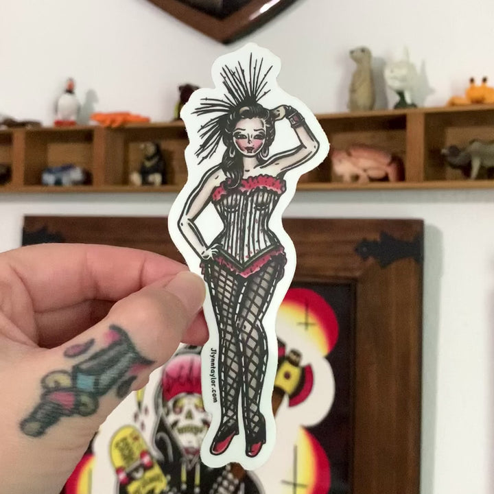 American traditional tattoo flash Western Saloon Girl Pinup watercolor sticker.