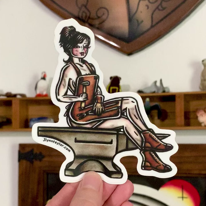 American traditional tattoo flash Anvil Blacksmith Pinup watercolor sticker.