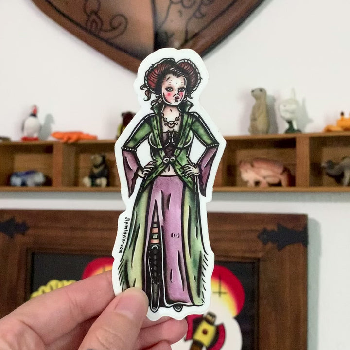 American Traditional tattoo flash Winifred Sanderson witch pinup watercolor sticker. 