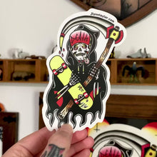 Load and play video in Gallery viewer, American traditional tattoo flash Santa Cruz Skateboard Reaper watercolor sticker.
