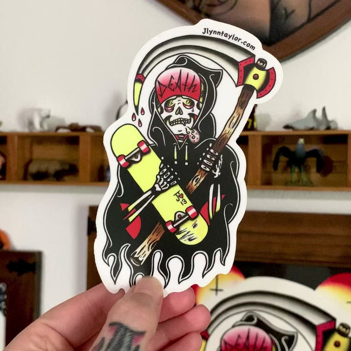 American traditional tattoo flash Santa Cruz Skateboard Reaper watercolor sticker.