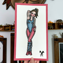 Load image into Gallery viewer, American traditional tattoo flash 1980s aerobics pinup watercolor painting.
