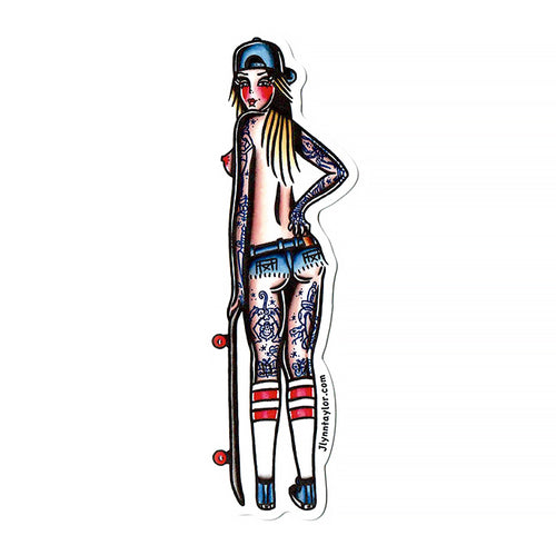 American traditional tattoo flash skateboard pinup watercolor sticker.