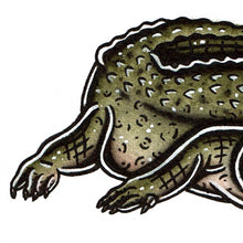 Load image into Gallery viewer, American traditional tattoo flash wildlife illustration American Alligator ink and watercolor painting.
