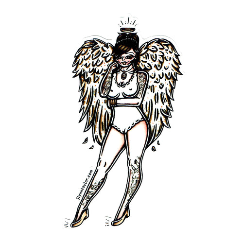 American traditional tattoo flash Angel Pinup watercolor sticker.