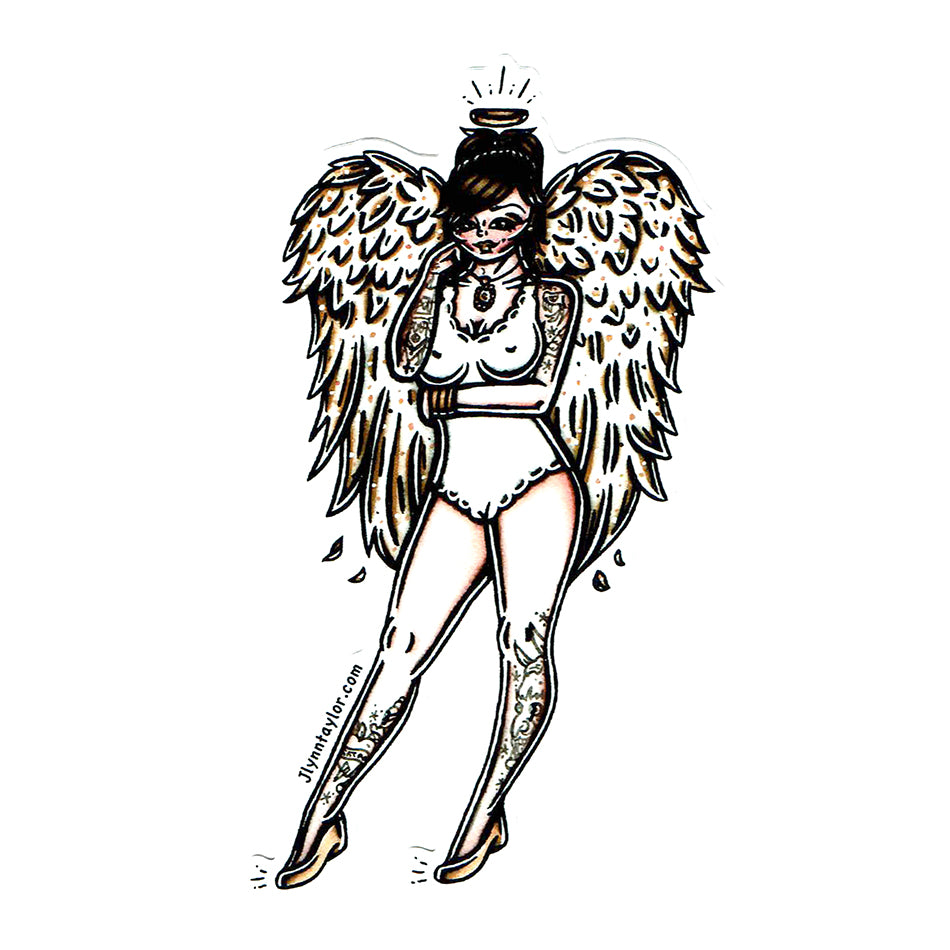 American traditional tattoo flash Angel Pinup watercolor sticker.