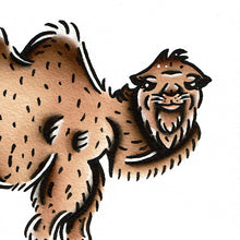Load image into Gallery viewer, American traditional tattoo flash wildlife illustration Bactrian Camel ink and watercolor painting.

